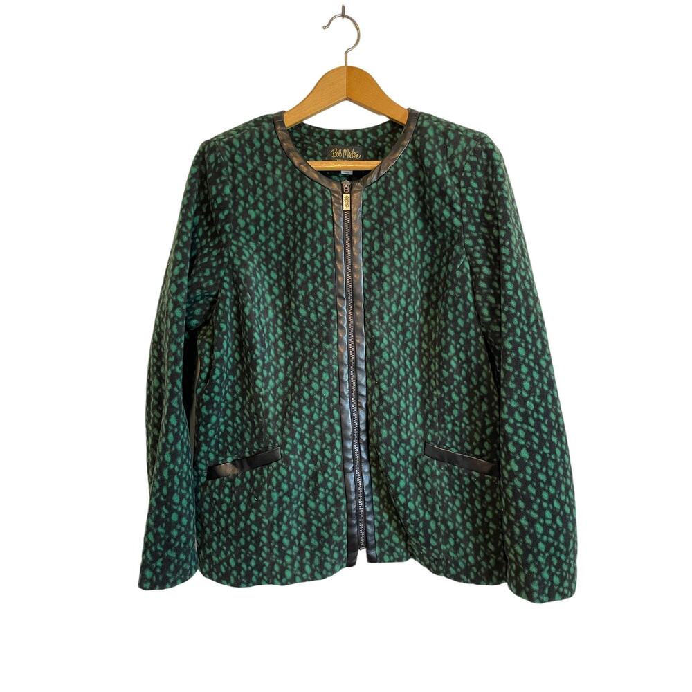 Bob Mackie Green Fleece Jacket Faux Leather Trim Pockets Large Wearable Art